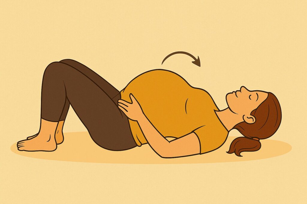 벽에 등을 대고 골반을 앞뒤로 기울이며 스트레칭하는 임산부
